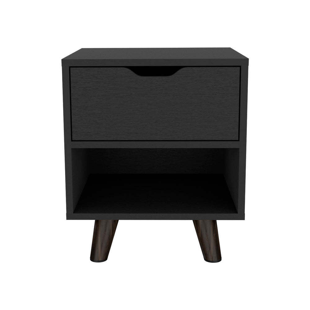 Modern Nightstand 19"H with Spacious Drawer, Open Storage Shelf and Chic Wooden Legs, Black