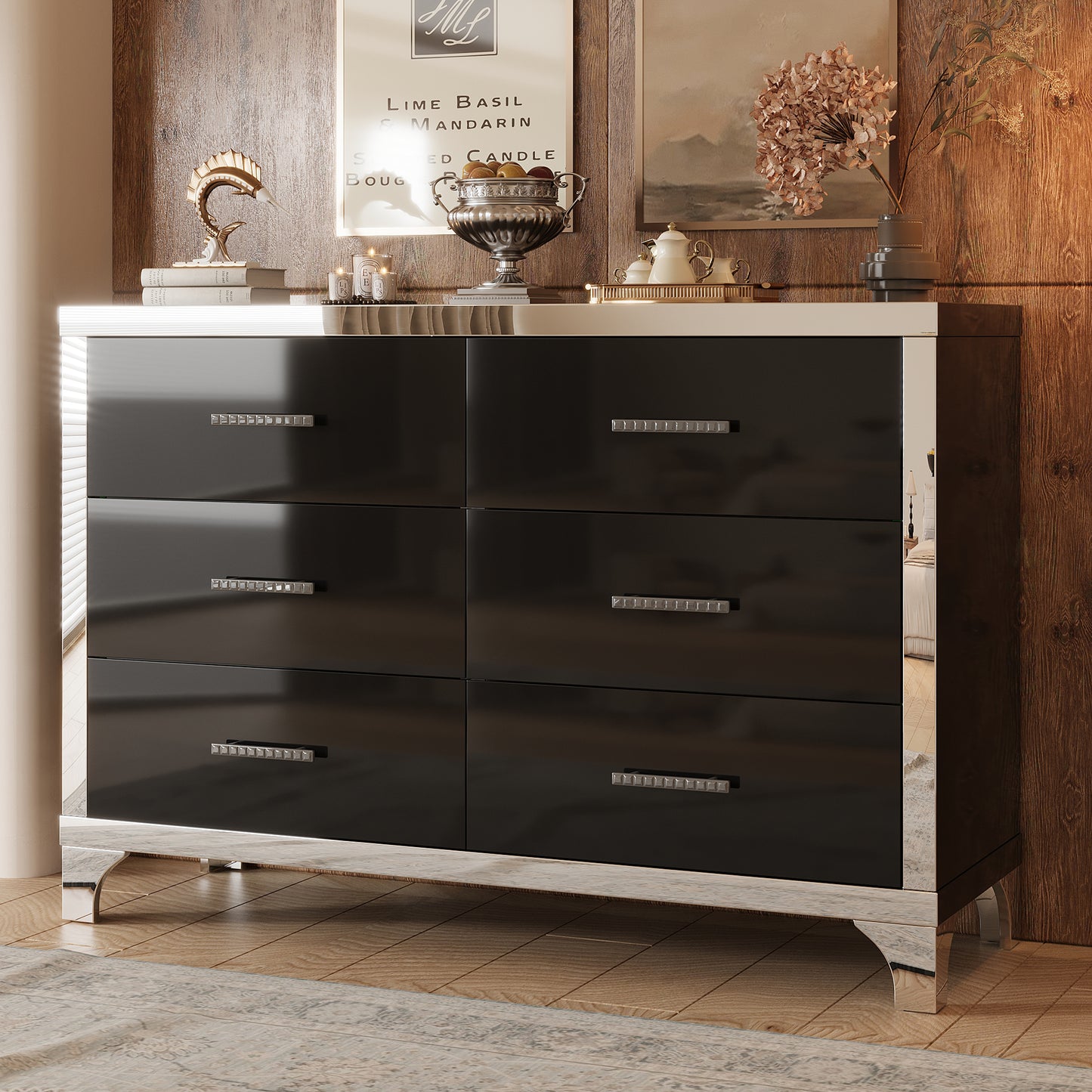 Elegant High Gloss Dresser with Metal Handle,Mirrored Storage Cabinet with 6 Drawers for Bedroom,Living Room,Black