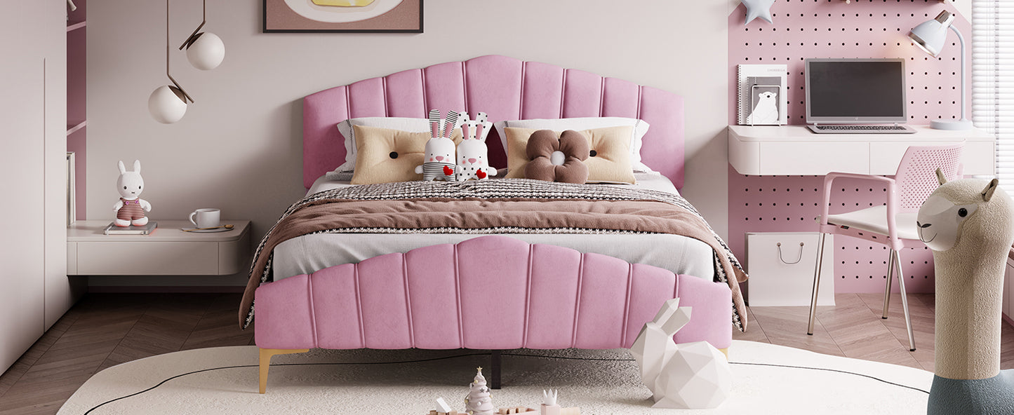 Queen Size Velvet Platform Bed with Thick Fabric, Stylish Stripe Decorated Bedboard and Elegant Metal Bed Leg, Pink