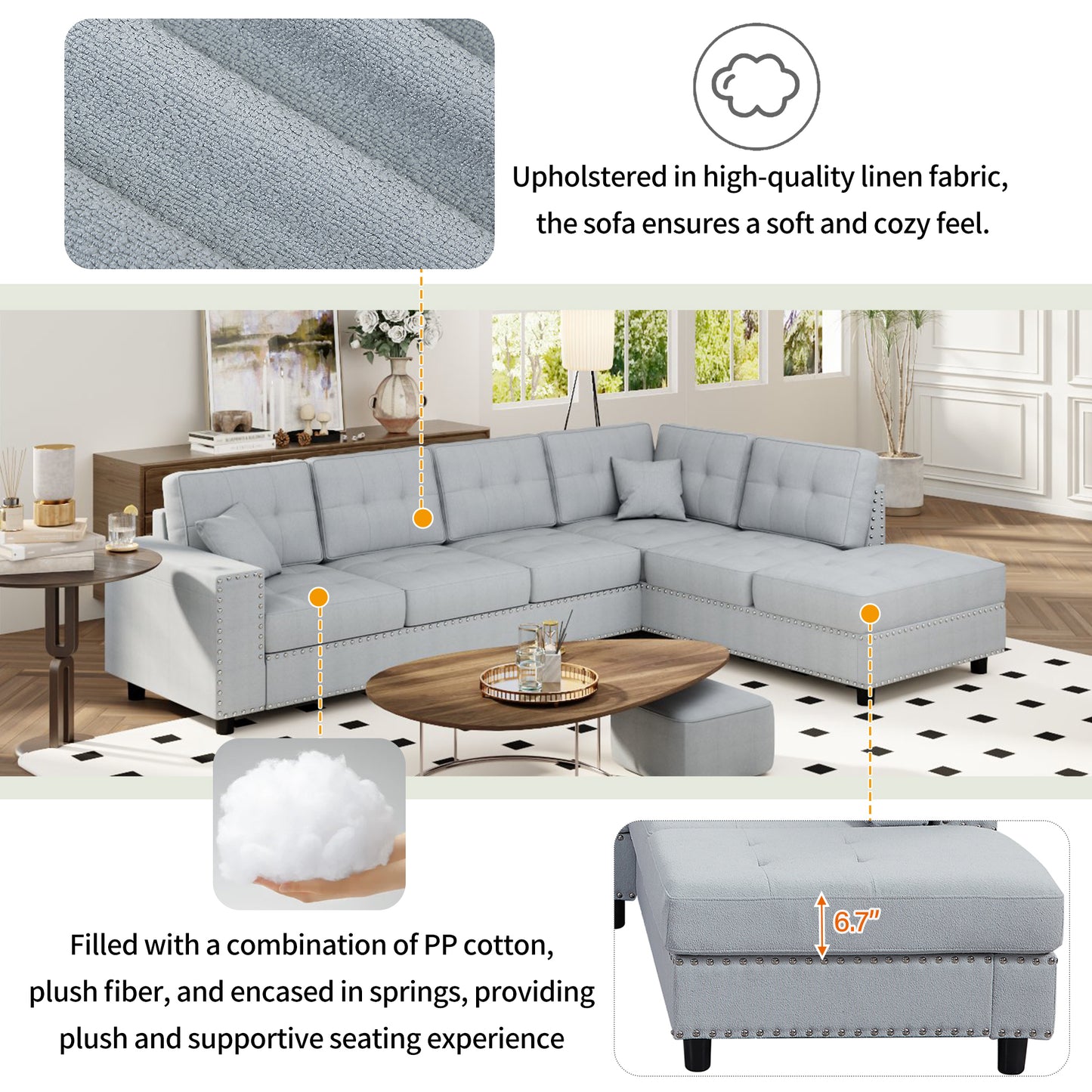 U_Style 109.2''L-shaped Modular Sectional Sofa with Removable  Back Cushions and 2 Pillows, Suitable for Living rooms, Offices, and Apartments