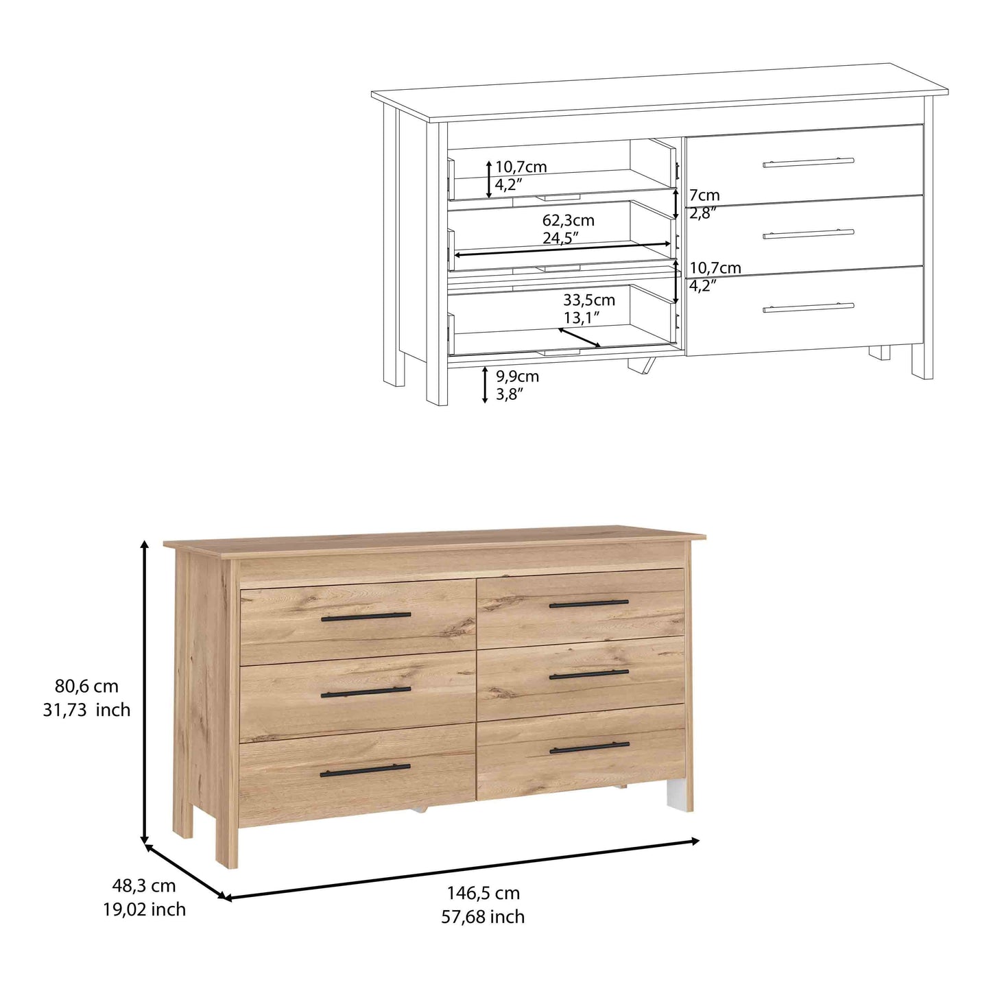 Double Dresser, 6 Drawer, Superior Top, Light Oak / White