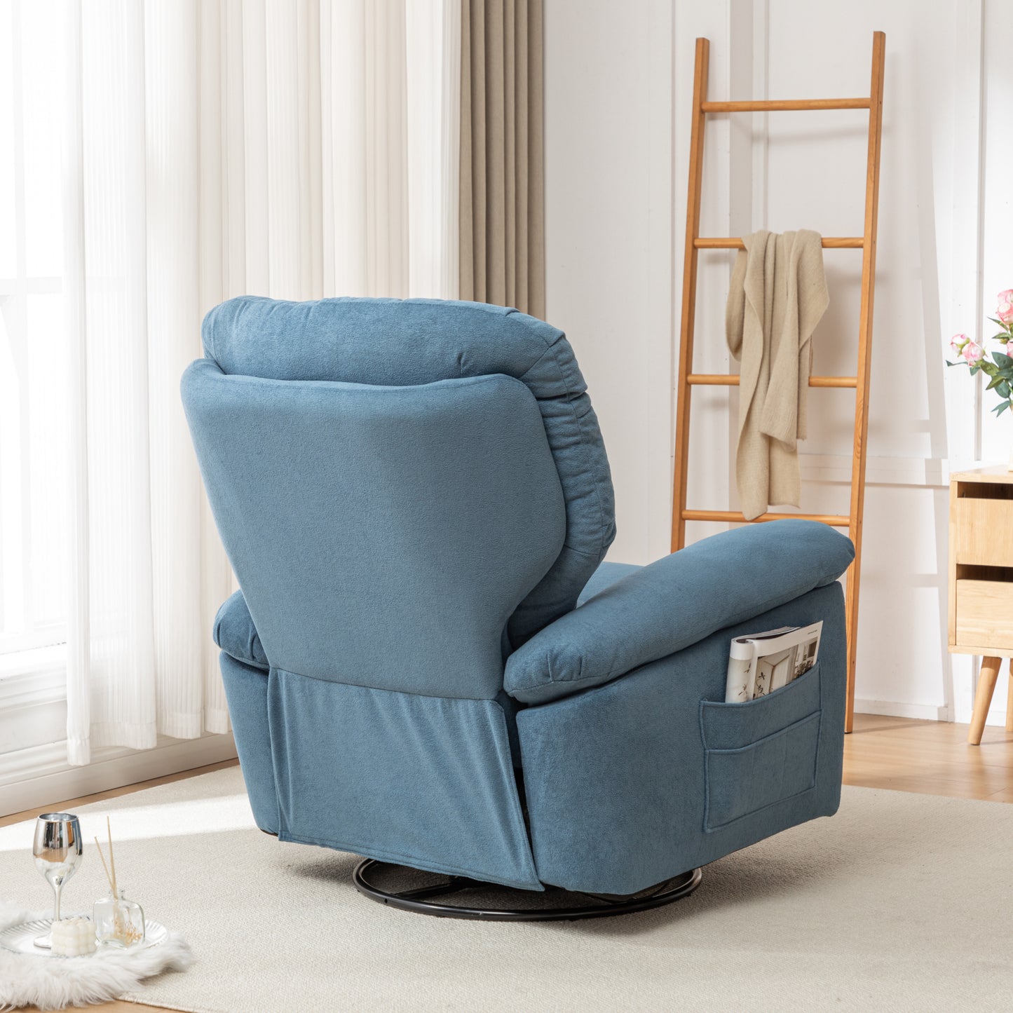 Blue Relaxing Recliner Chair,Soft Artificial Fleece, Overstuffed, Swivel, Glider, Side Pocket