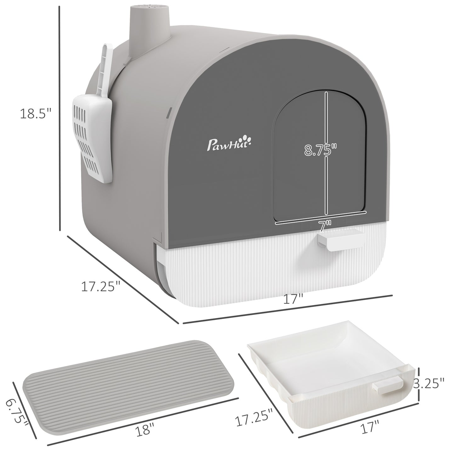 PawHut Cat Litter Box with Lid, Covered Litter Box for Indoor Cats with Tray, Scoop, Filter, 17" x 17" x 18.5", Light Gray