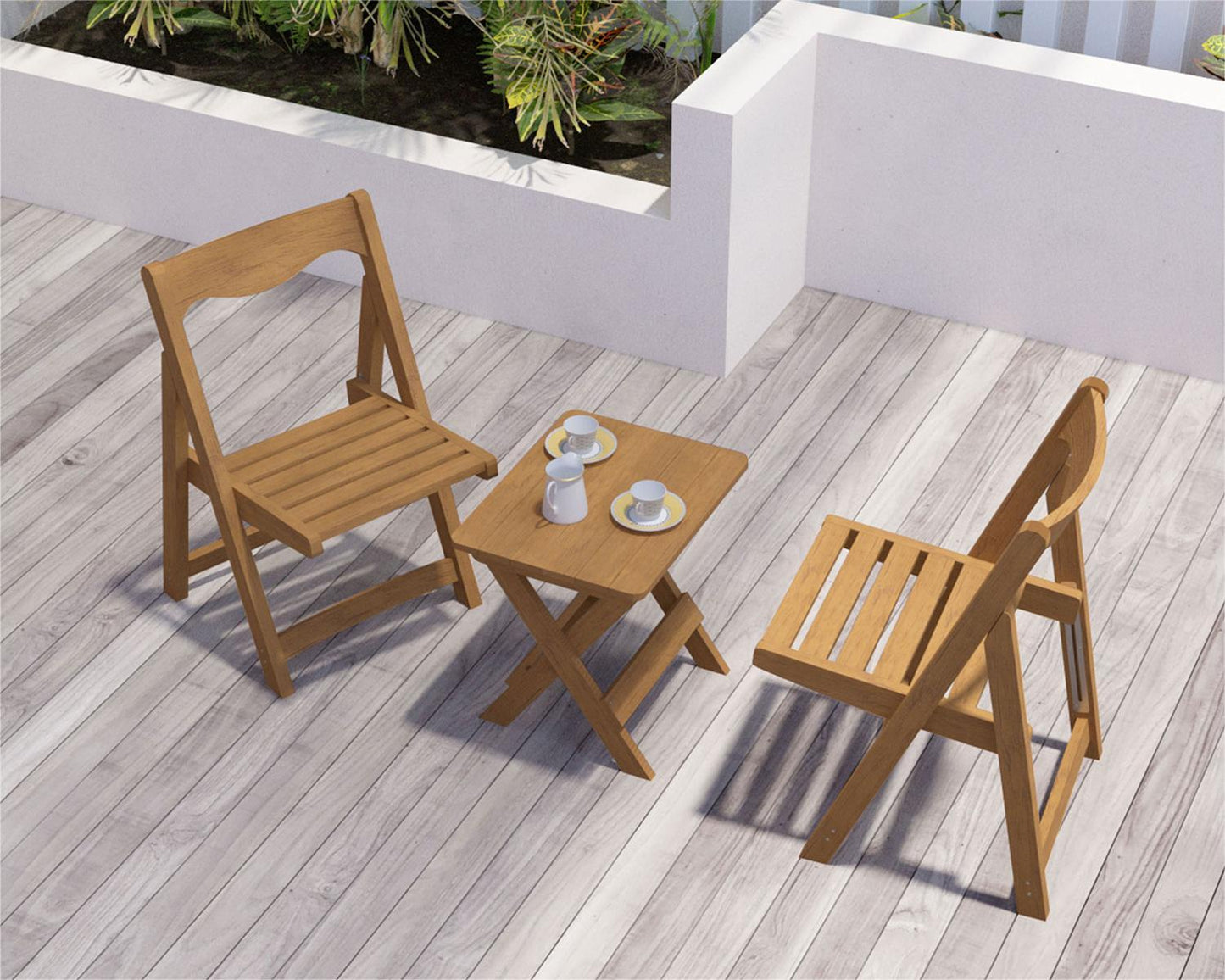 HIPS Material Outdoor Bistro Set Foldable Small Table and Chair Set with 2 Chairs and Rectangular Table, Teak