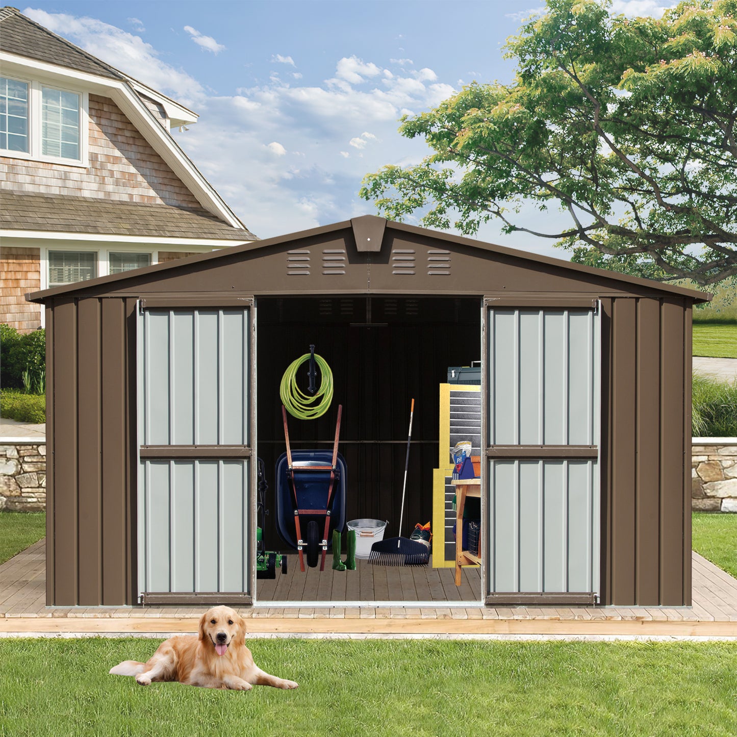 Backyard Storage Shed 11'x 9' with Galvanized Steel Frame & Windows, Outdoor Garden Shed Metal Utility Tool Storage Room with Lockable Door for Patio(Brown)