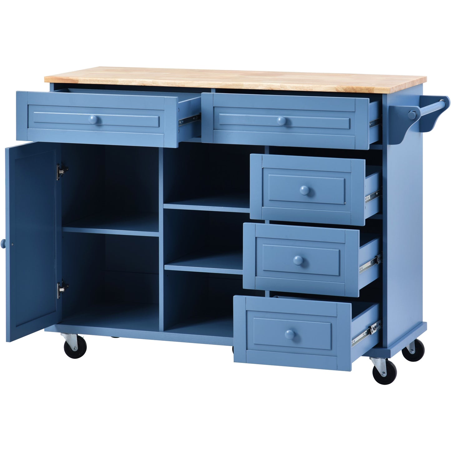 Kitchen cart with Rubber wood desktop rolling mobile kitchen island with storage and 5 draws 53 Inch length (Blue)