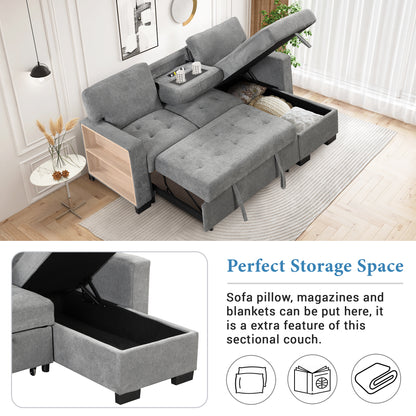 Stylish and Functional Light Chaise Lounge Sectional with Storage Rack Pull-out Bed Drop Down Table  and USB Charger Gray