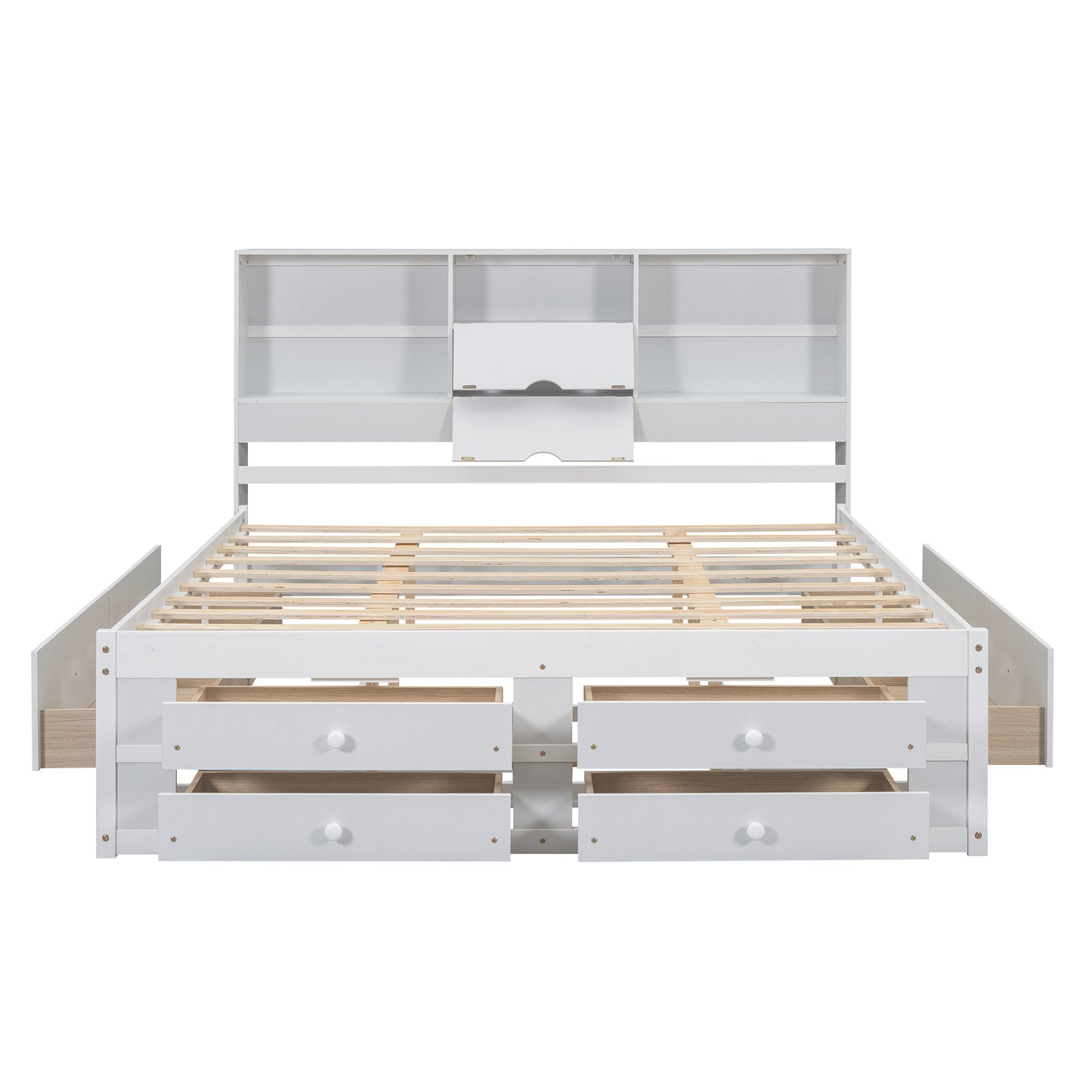 King Size Platform Bed with Storage Headboard and 8 Drawers, White