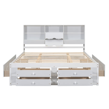 King Size Platform Bed with Storage Headboard and 8 Drawers, White