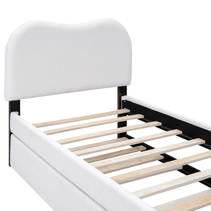 Twin Size Upholstered Platform Bed with Wood Supporting Feet and Twin Size Trundle, White