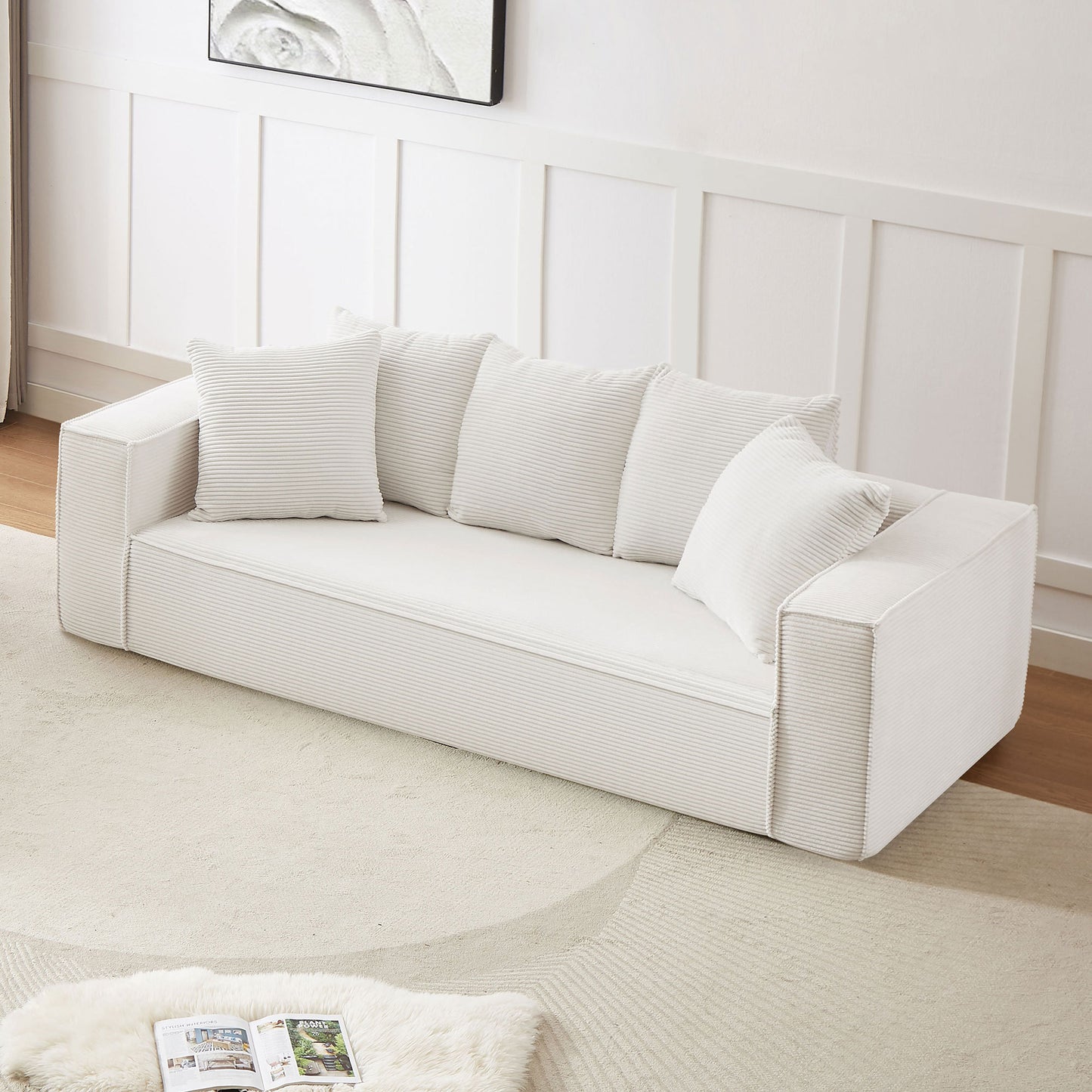 88.97inch Corduroy Sofa with 5 Matching Toss Pillows, Sleek Design, Spacious and Comfortable 3 Seater Couch for Modern Living Room.WHITE