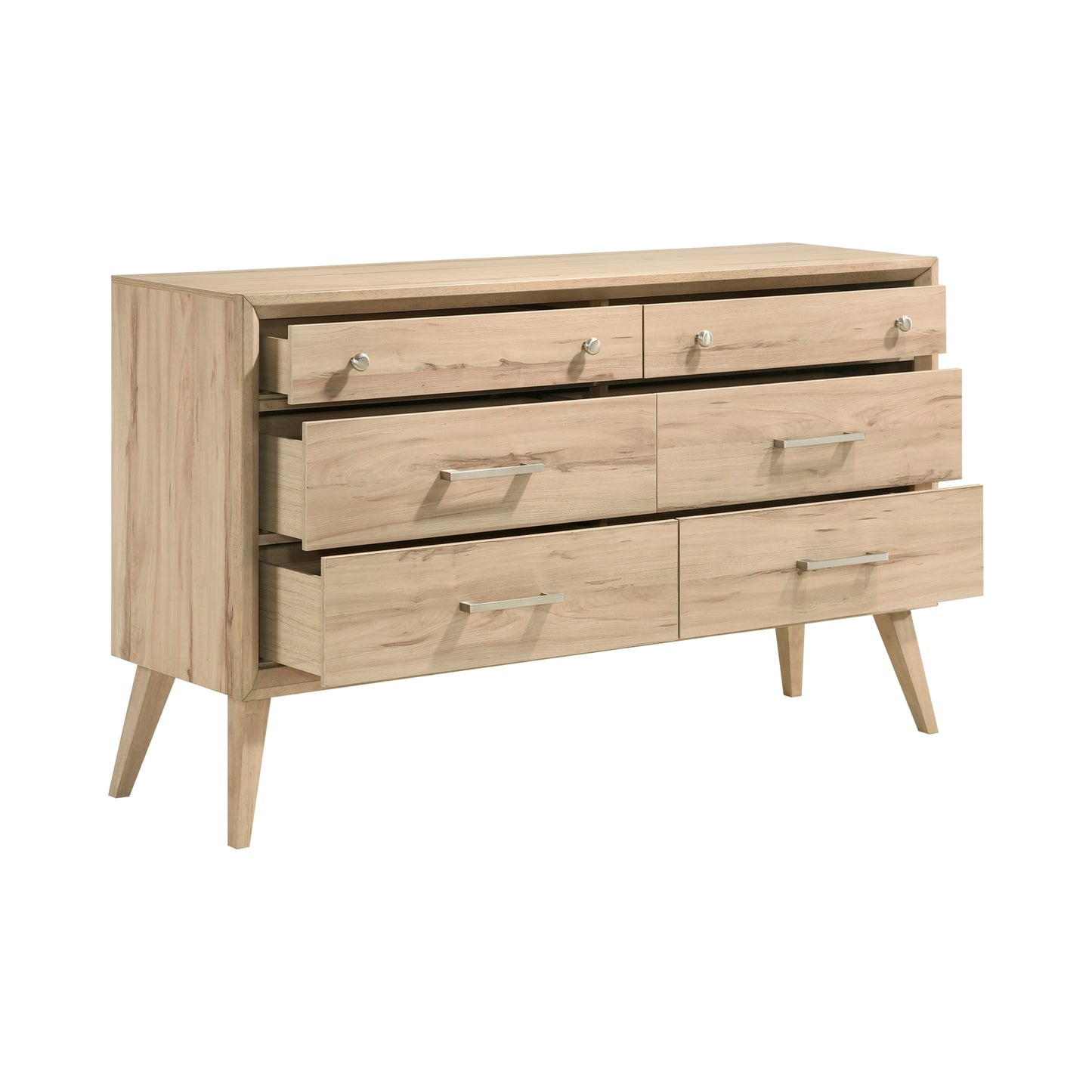 Classic Style Dresser of 6x Drawers Natural Oak Finish Wooden Bedroom Furniture 1pc, Mid-Century Modern Design