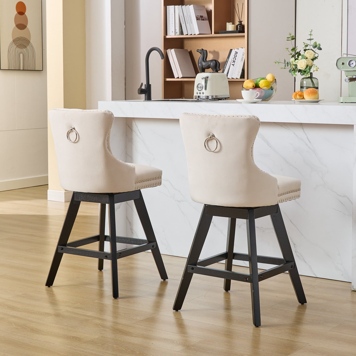 Swivel Velvet Barstools with Button Tufted Decoration and Wooden Legs, and Chrome Nailhead Trim, Leisure Style Bar Chairs,Bar stools, Set of 2 (Beige),SW1860BG