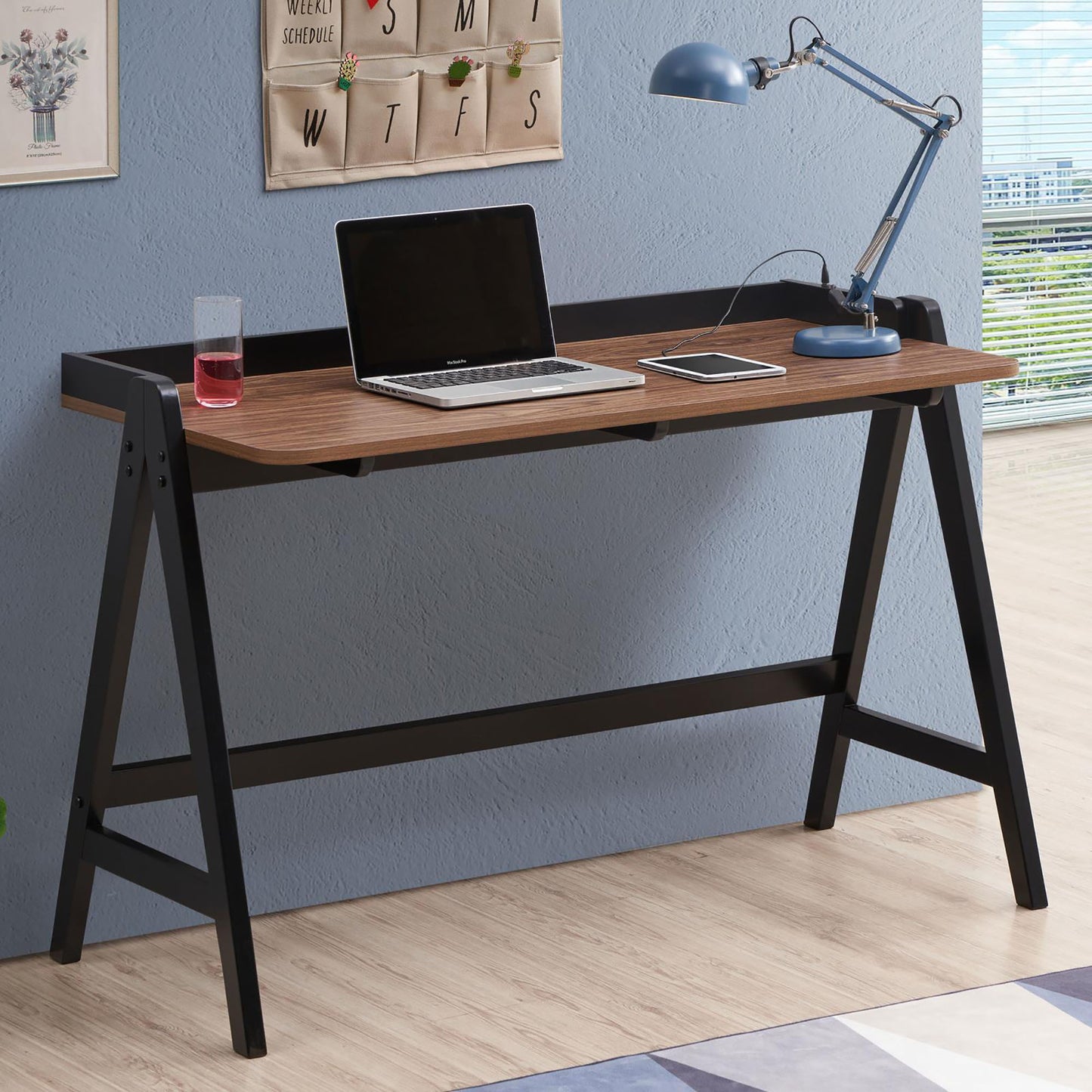 Walnut and Black Writing Desk with USB Ports