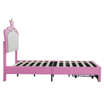 Twin Size Upholstered Bed Frame with LED Lights, Modern Upholstered Princess Bed with Crown Headboard, a Drawer, Pink+White