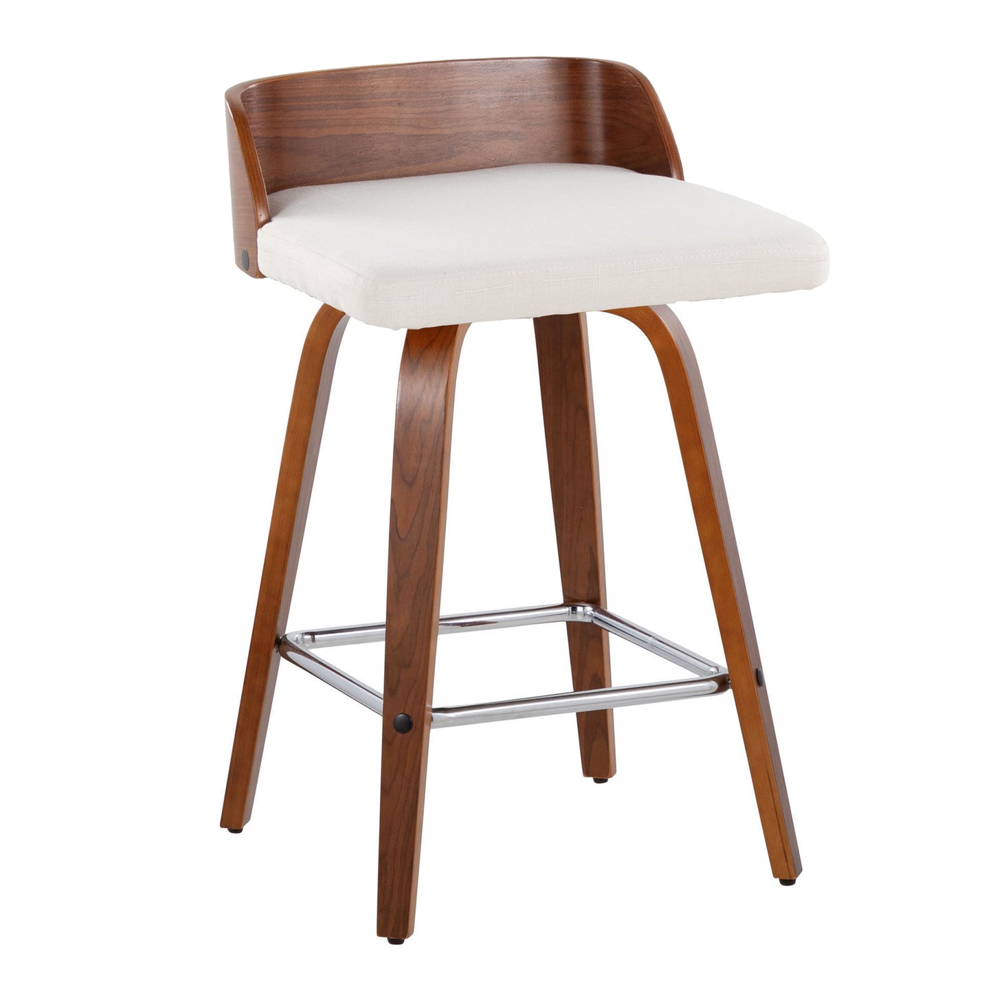 Maya 26" Mid-Century Modern Fixed-Height Counter Stool with Swivel in Walnut Wood and Cream Fabric with Square Chrome Metal Footrest by LumiSource - Set of 2