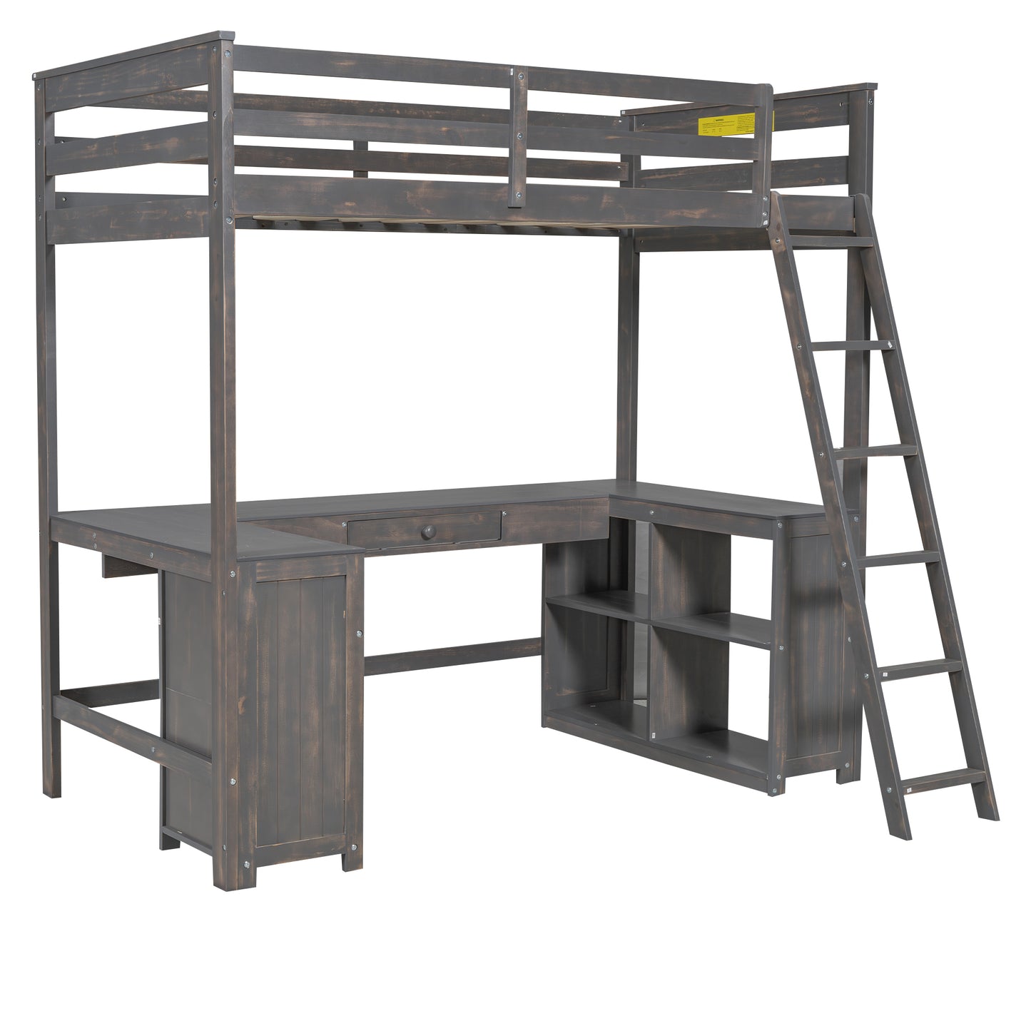 Antique Brown Twin Size Loft Bed with U-shaped Desk, Drawers, and Storage Shelves, Solid Wood+MDF