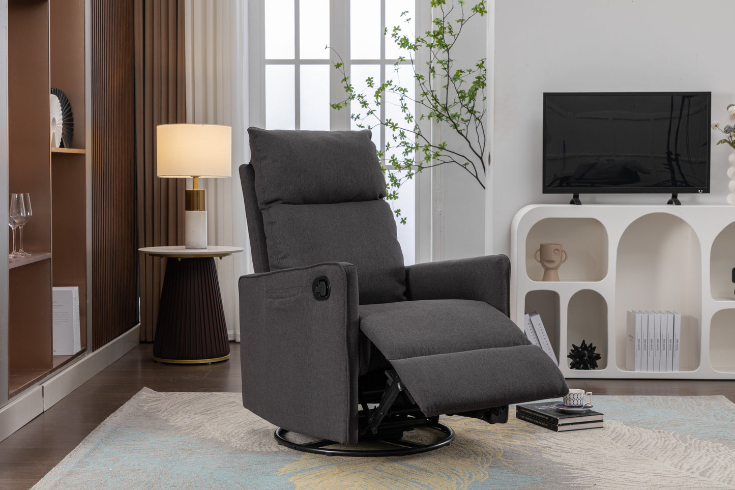 038-Cotton Linen Fabric Swivel Rocking Chair Glider Rocker Recliner Nursery Chair With Adjustable Back And Footrest For Living Room Indoor,Dark Gray