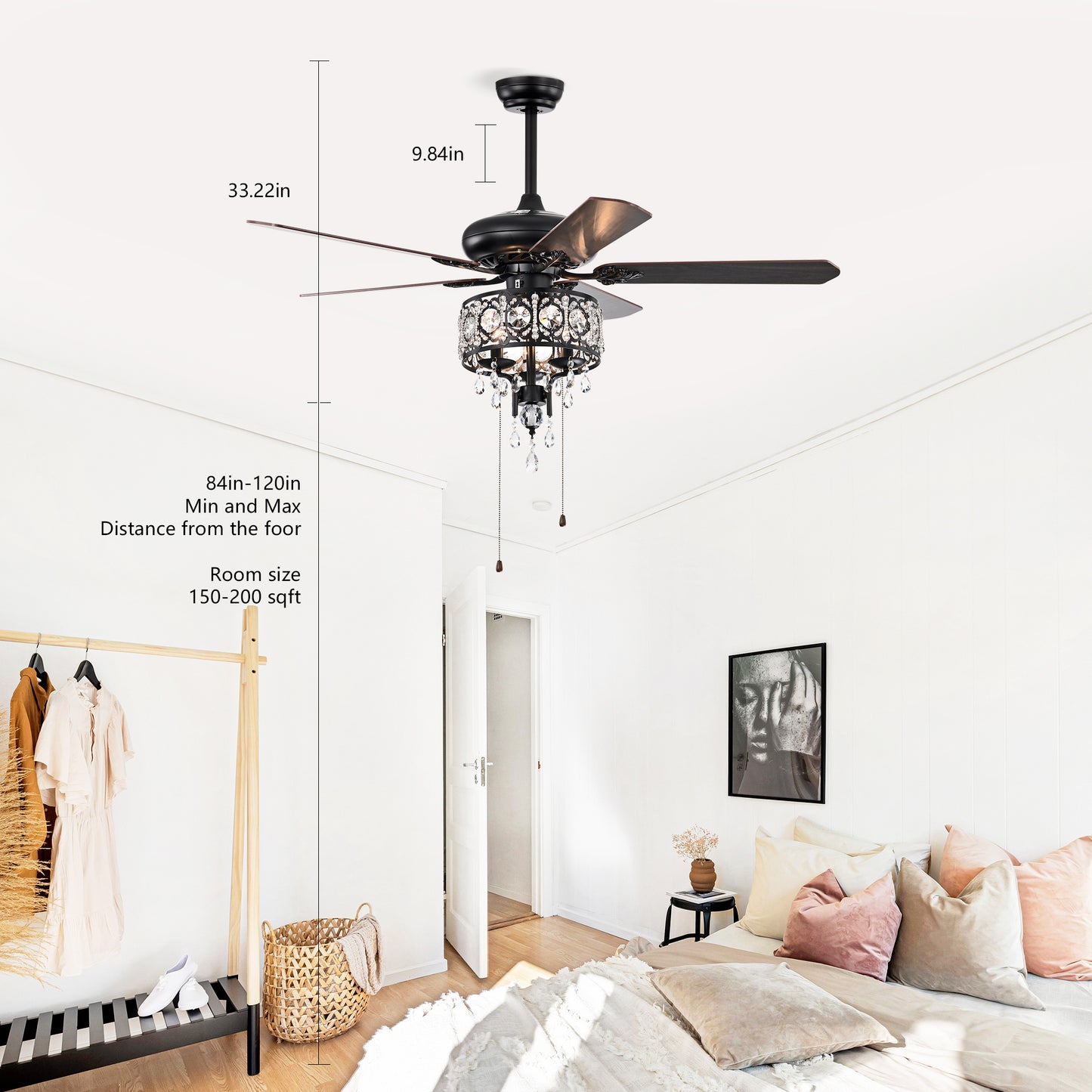 52'' Crystal Shade Ceiling Fan Lamp With Remote Control,3 Speed ,4 Timing , 5 Reversible Blades Crystal Ceiling Fan ,3PCS*E12  (NO Include Bulb) --  Hand Pull Chain