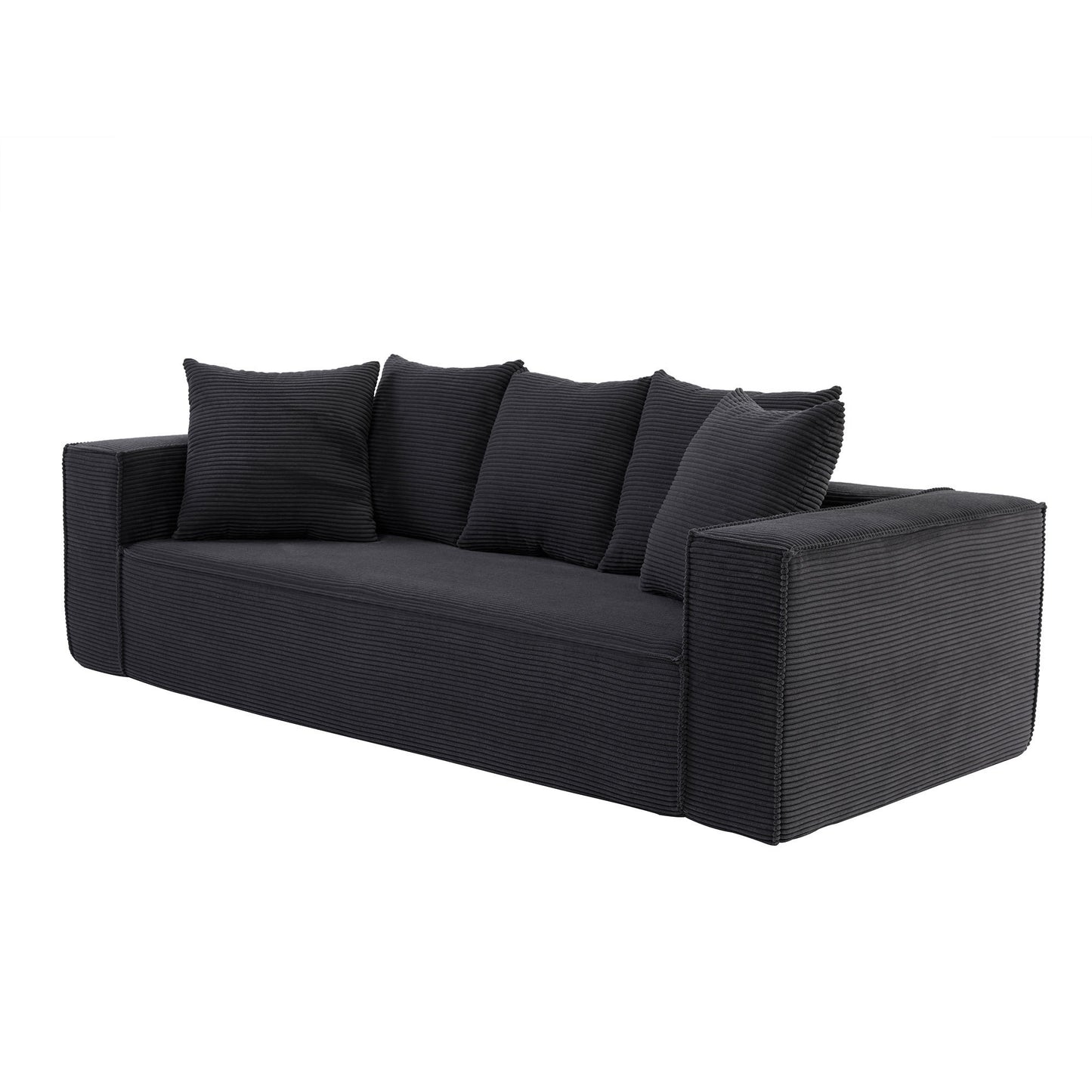 88.97 inch Soft Corduroy Upholstery Streamlined Design sofa with 5 Pillows, Ample and Cozy 3 Seater Couch for Modern Spaces for Living room,office BLACK