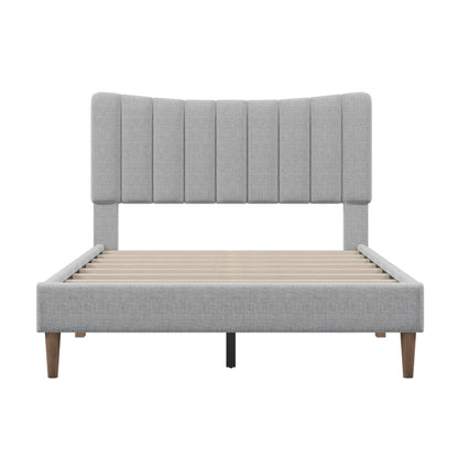 Upholstered Platform Bed Frame with Vertical Channel Tufted Headboard, No Box Spring Needed, Full,Gray