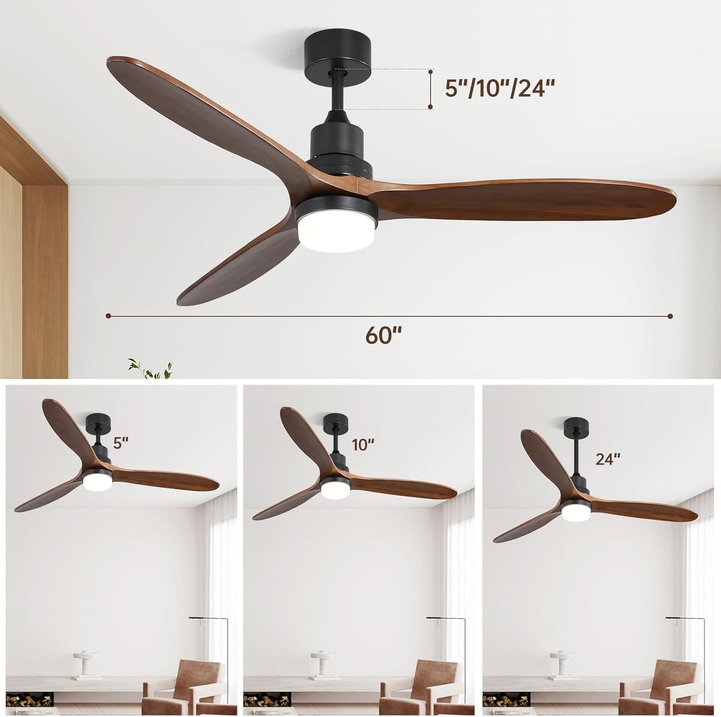 60 Inch Ceiling Fan With Lights 3 Solid Wood Fan Blade Noiseless Reversible Motor Remote Control