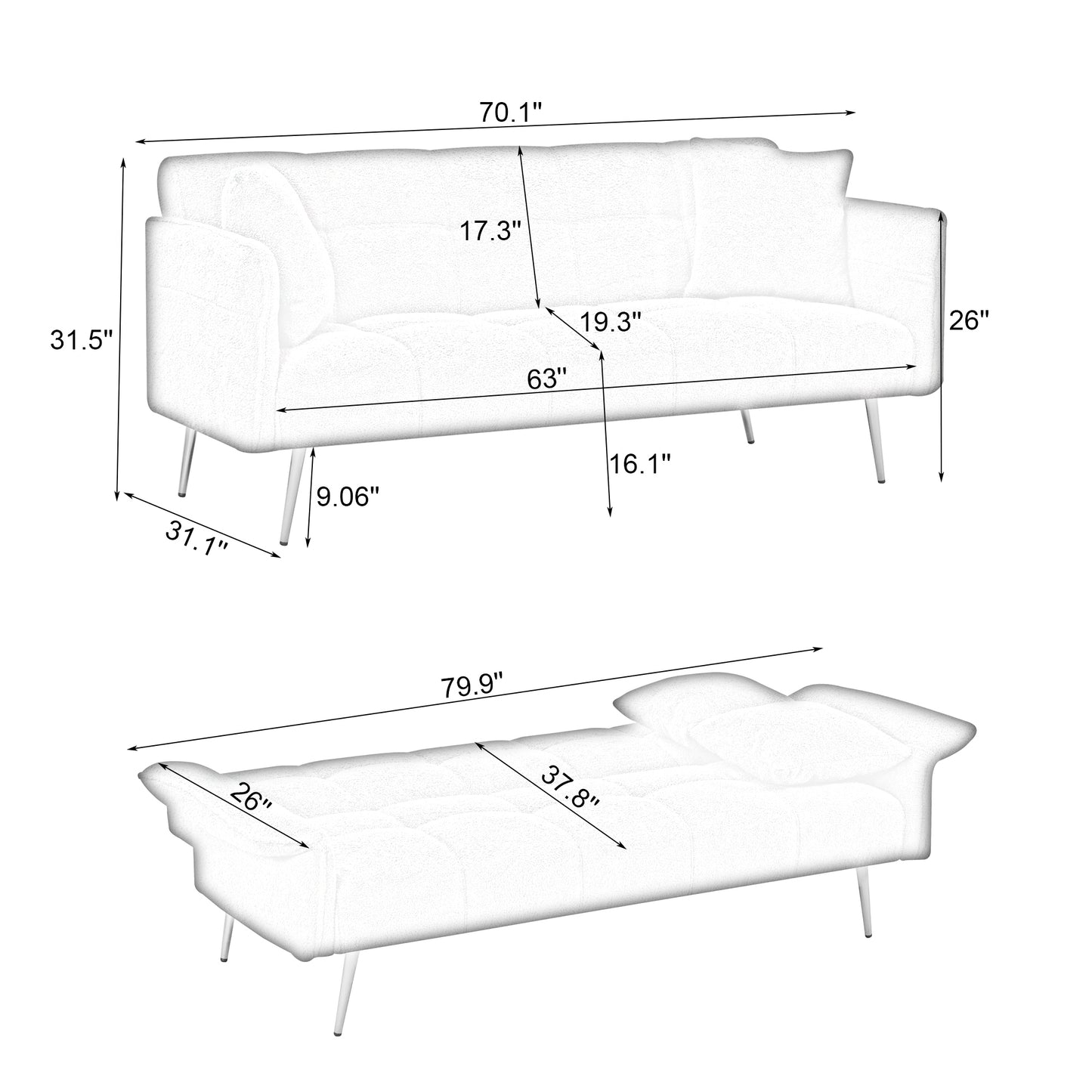 70-inch teddy fleece sofabed, convertible futon sofabed with adjustable arms and backrest, modern love sofa for living room and bedroom.