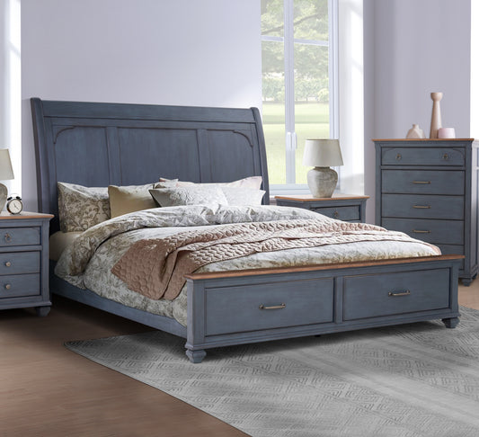 King Size Sleigh Bed, Corduroy Blue Finish