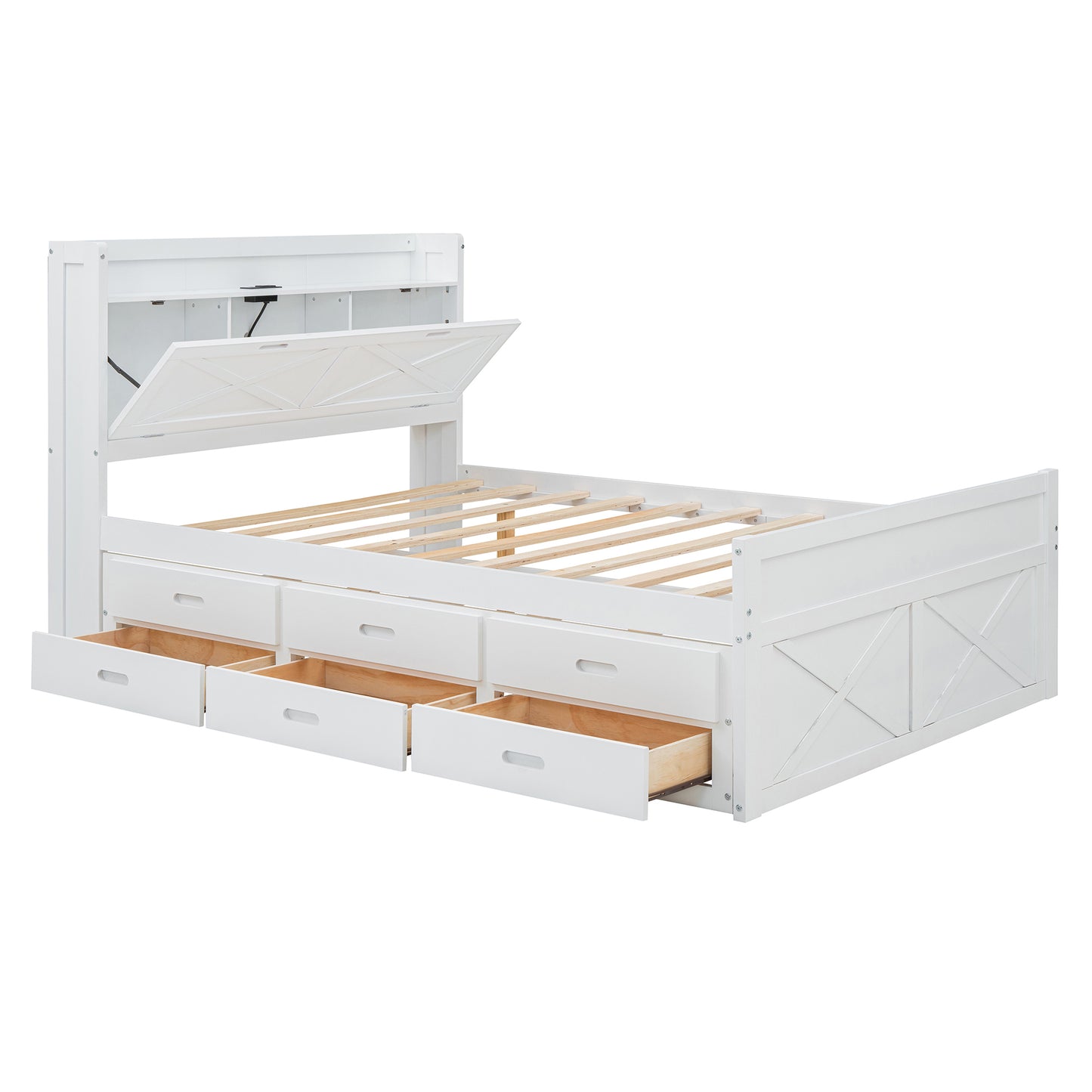 Full Size Wooden Bed with Storage Headboard with Outlets, Extendable Bed with Twin Size Trundle with Three Storage Drawers,White