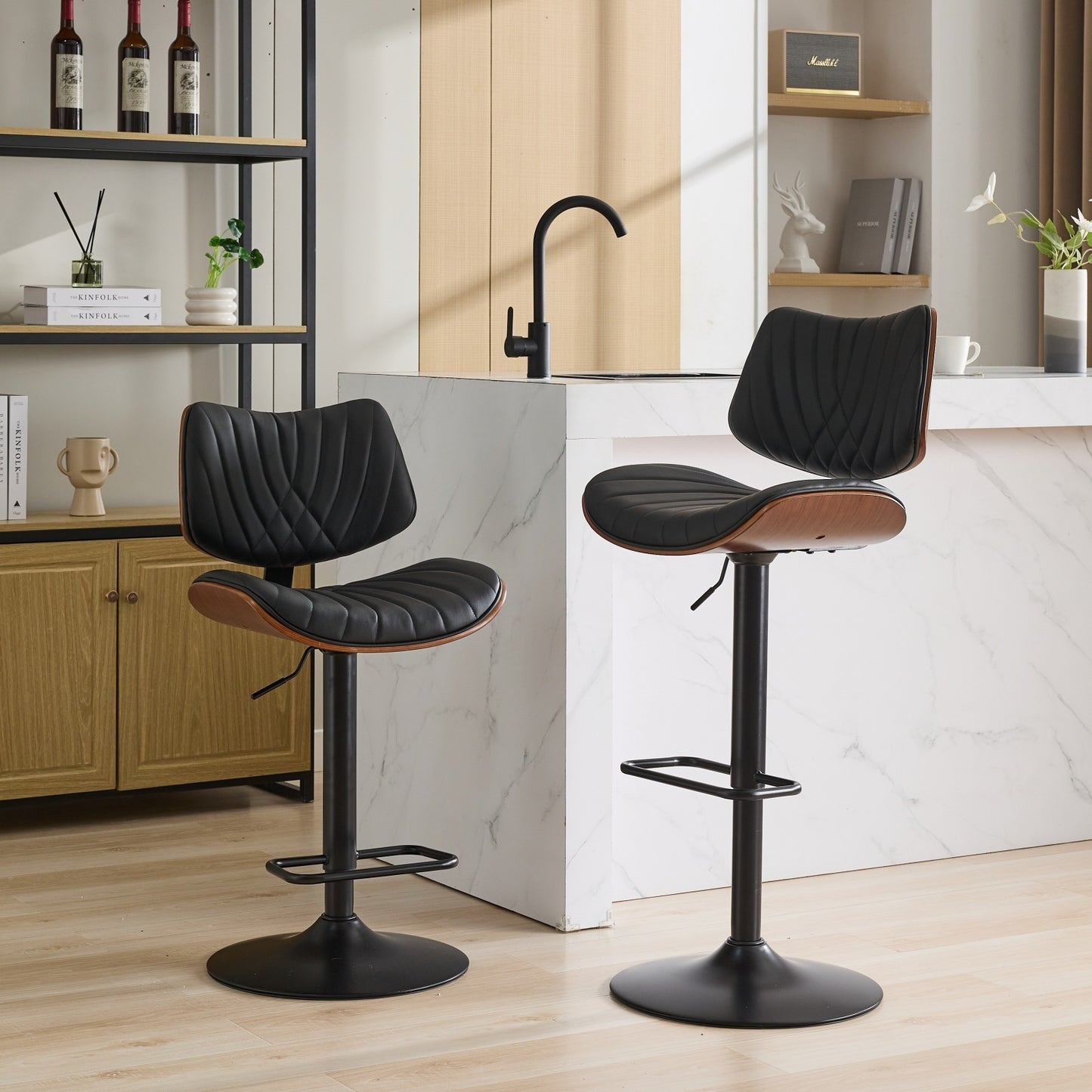 Walnut Bentwood Bar Stools Mid Century Modern Adjustable Counter Height Black Leather Upholstered 360°Swivel Bar Chairs for Kitchen Island/Dining Room/Cafe, 1 chair/1carton,Black