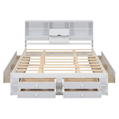 King Size Platform Bed with Storage Headboard and 8 Drawers, White