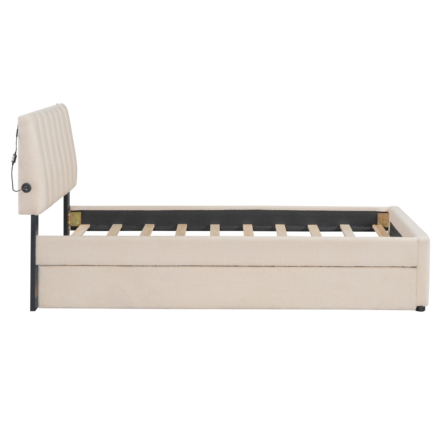 Teddy Fleece Twin Size Upholstered Platform Bed with Trundle, Beige