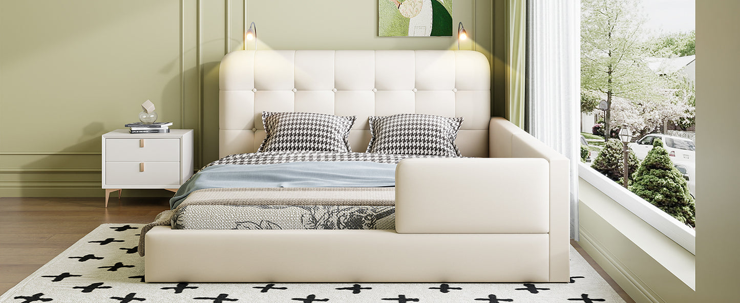 Queen Size Upholstered Platform Bed with 2 Reading Lights, White