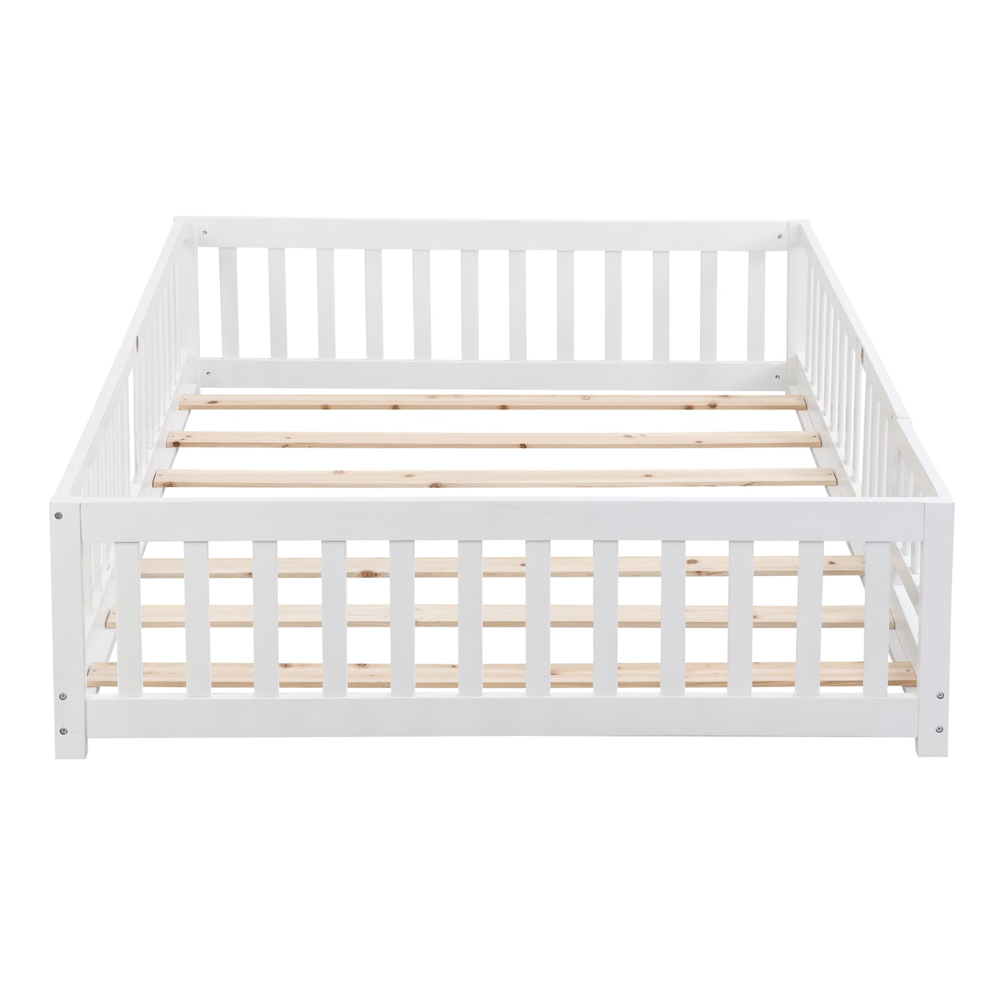 Queen Size Floor Bed with Door,Solid Wood Platform Bed Frame with Fence,Suitable for children,Pine Wood,White