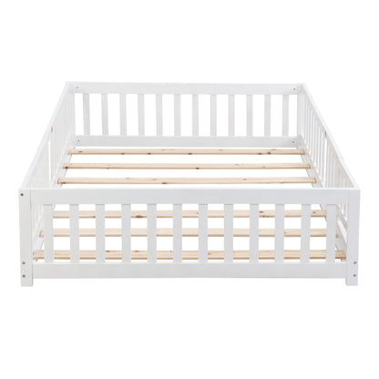 Queen Size Floor Bed with Door,Solid Wood Platform Bed Frame with Fence,Suitable for children,Pine Wood,White