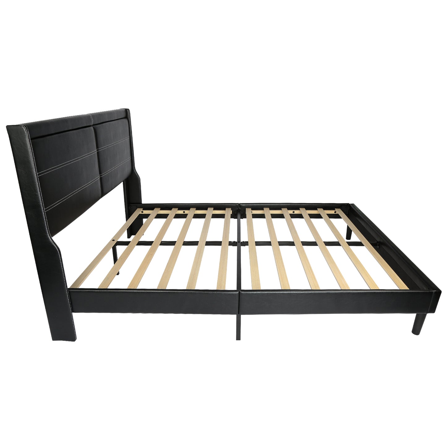 Queen PU Leather Upholstered Bed Frame with Lights,Platform Bed Frame with Stitched Wing-Backed Headboard Strong Wooden Slats Bed Canopy,No Box Spring Needed,Black