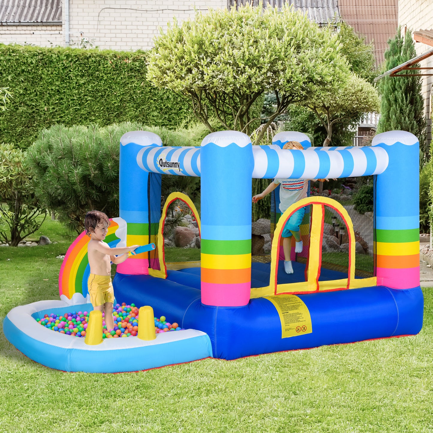 Outsunny Inflatable Bounce House for Kids 2-in-1 Jumping Castle for Indoor Outdoor Party with Trampoline, Pool, Carry Bag & Air Blower