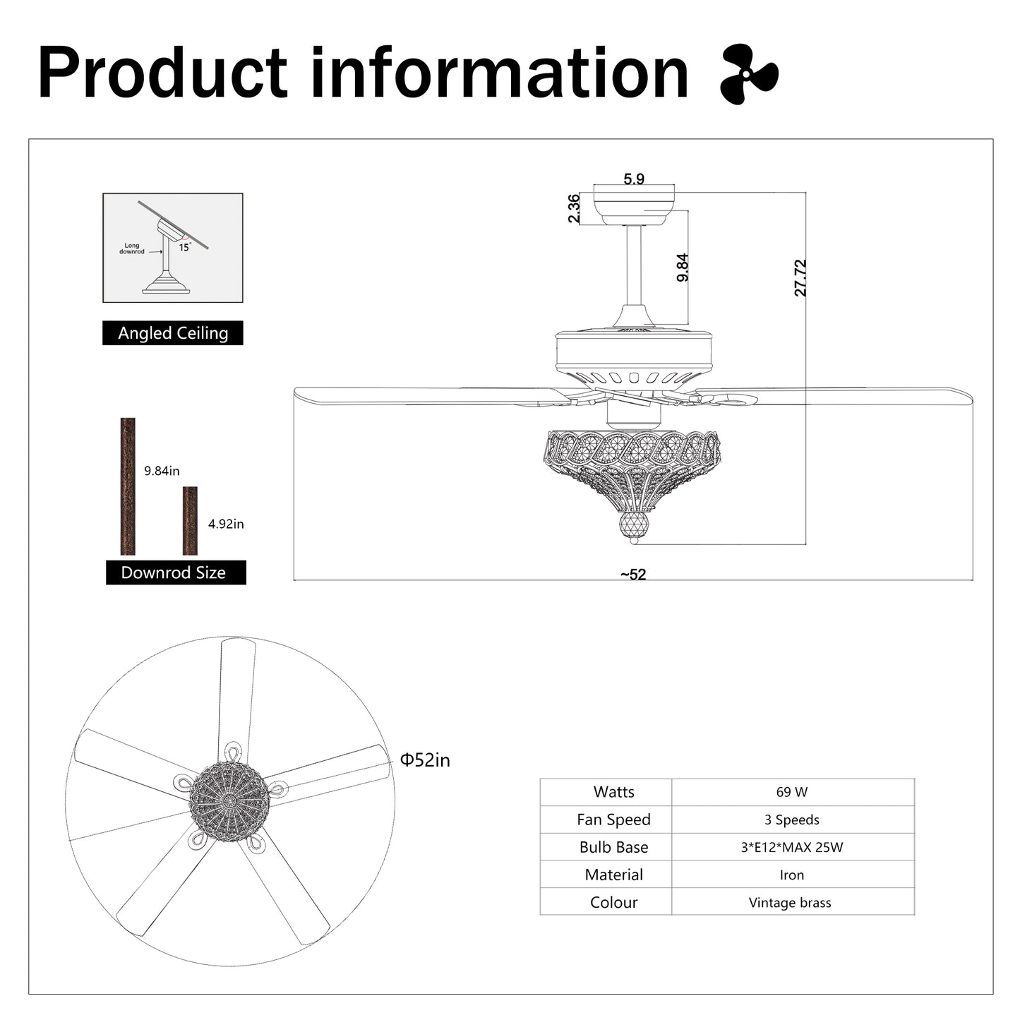 52'' Classical Crystal Ceiling Fan Lamp,3 Speed , 5 Reversible Blades for Living Room, Dining Room, Bedroom, Family Room, Rustic bronze ,3PCS*E12  (NO Include Bulb, Hand 
Pull Chain)
