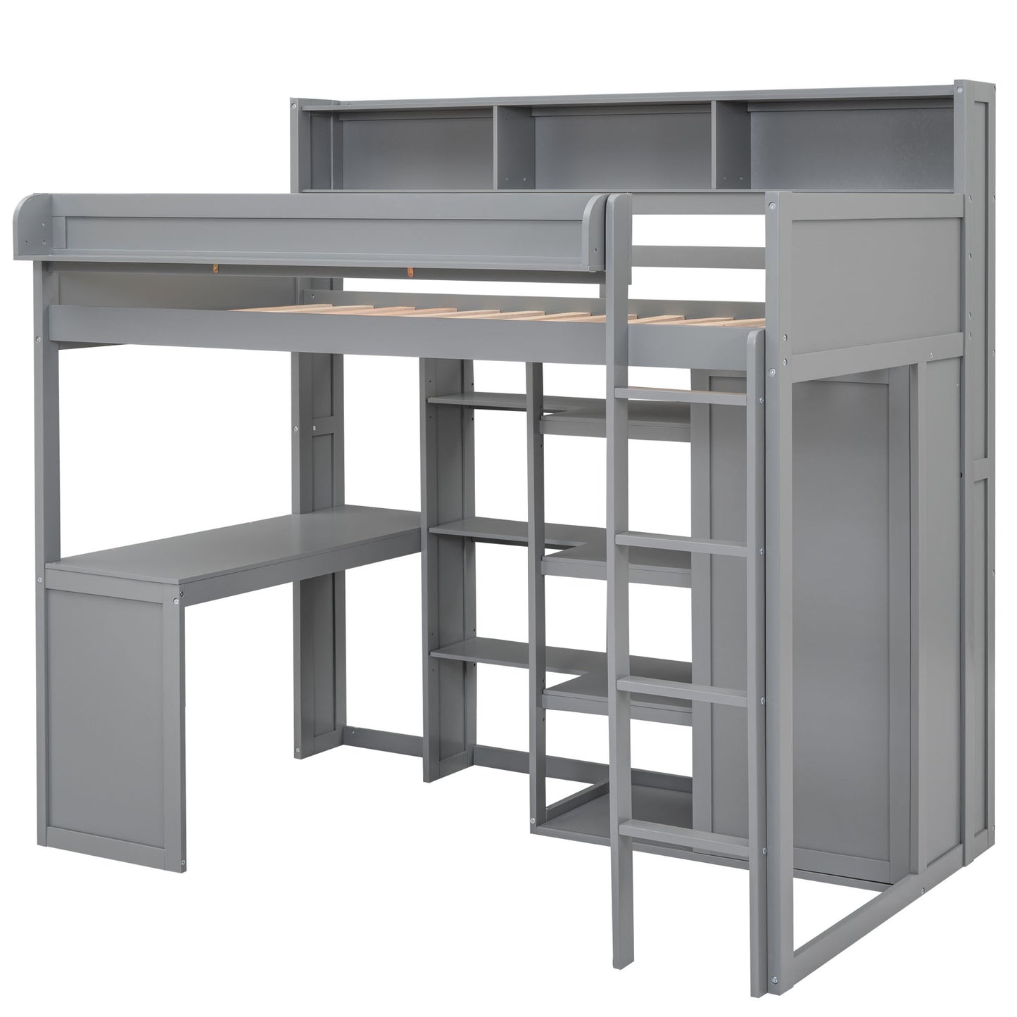 Gray Wood Twin Size Loft Bed with Built-in Desk, Storage Shelves, and Wardrobe - Solid Wood + MDF