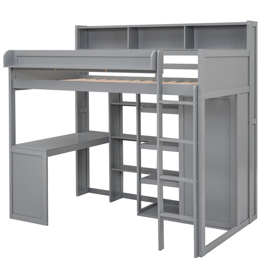 Gray Wood Twin Size Loft Bed with Built-in Desk, Storage Shelves, and Wardrobe - Solid Wood + MDF