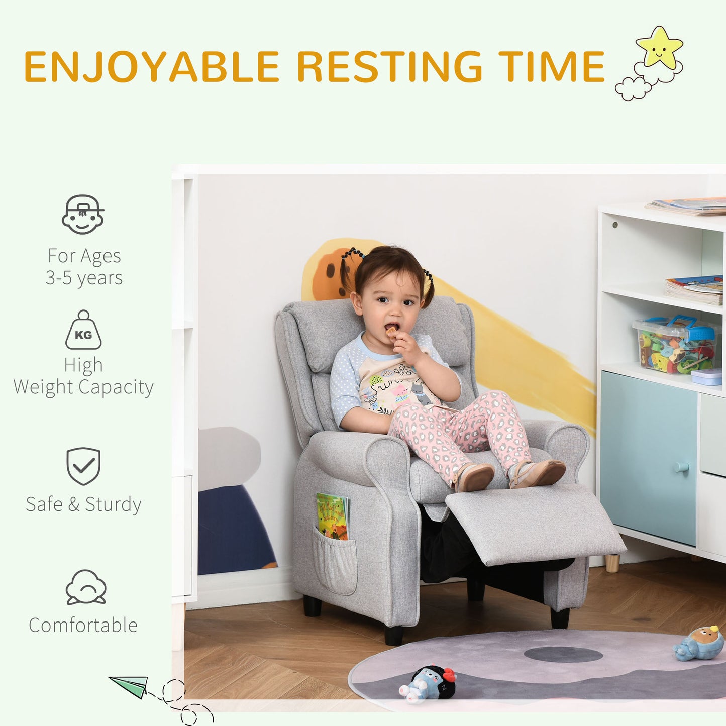 Qaba Kids Recliner Chair Children Sofa Angle Adjustable Single Lounger Armchair Gaming Chair with Footrest 2 Side Pockets for 3-5 Years, Light Grey