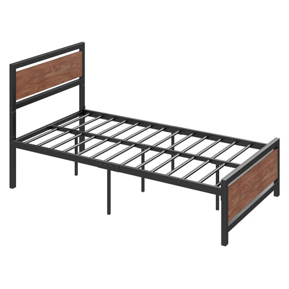 Twin Size Platform Bed, Metal and Wood Bed Frame with Headboard and Footboard, Black