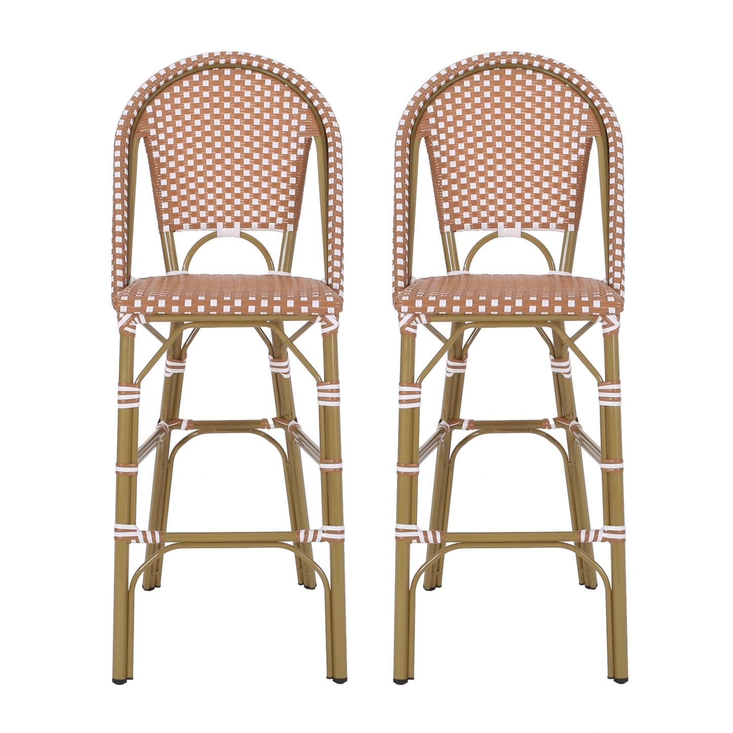 Outdoor PE Rattan French Barstool Set with Rust Red and White Wicker and Aluminum Frame, 29.5' Seat Height