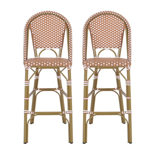 Outdoor PE Rattan French Barstool Set with Rust Red and White Wicker and Aluminum Frame, 29.5' Seat Height