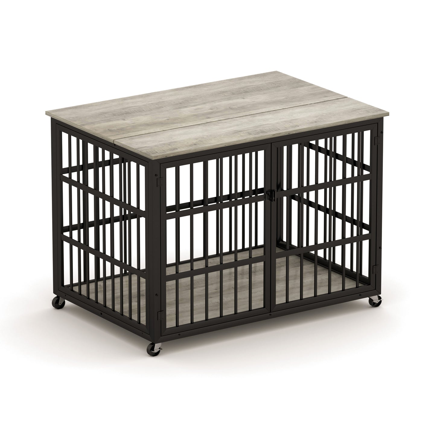 Furniture style dog crate wrought iron frame door with side openings, Grey, 43.3''W x 29.9''D x 33.5''H.