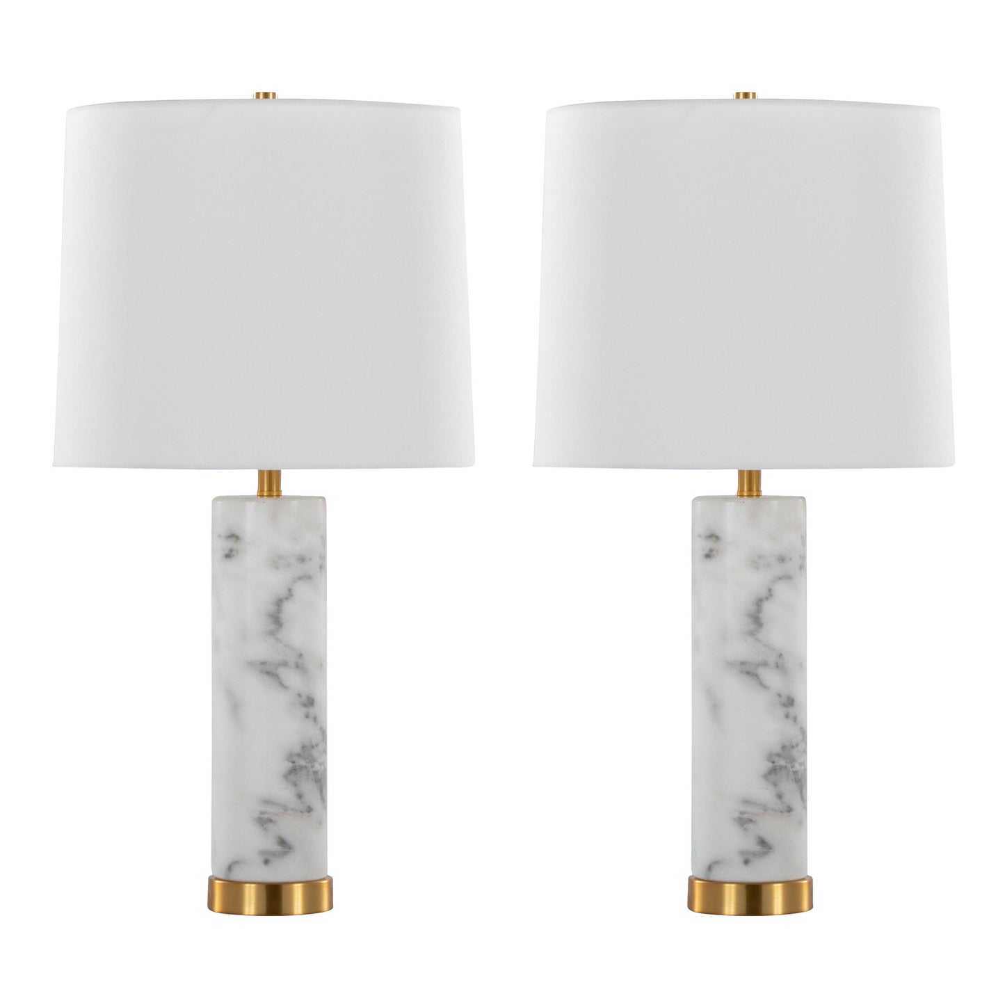 Marabella 26" Contemporary Marble Table Lamp in White Marble and Brass Metal with White Linen Shade by LumiSource - Set of 2