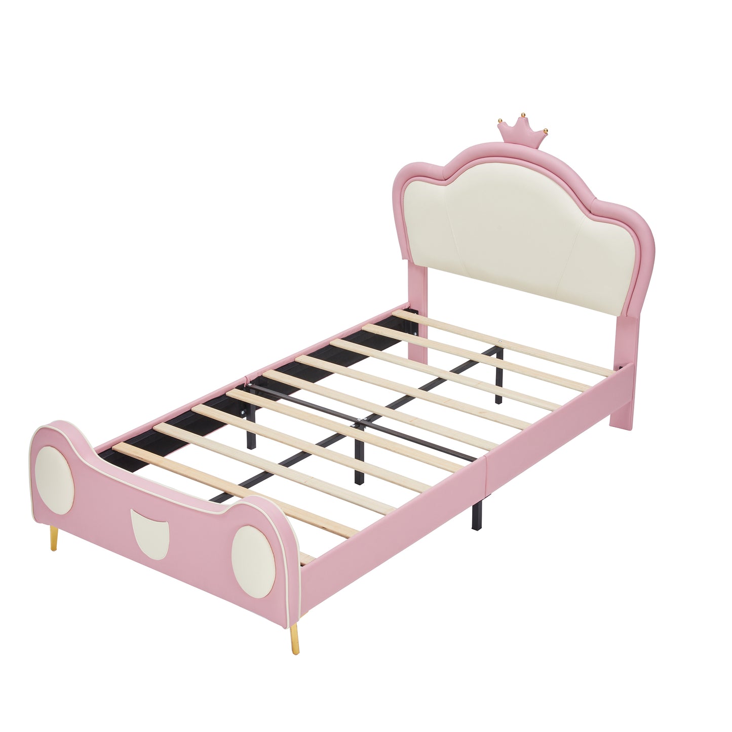 {NEW}Twin Size Princess Bed with Crown Headboard, PU Upholstered Platform Bed , Twin Size Bed Frame with Bed-End Storage Pocket for Kids Girl, No Spring Box Needed, Easy Assembly, Pink