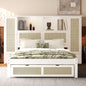 Twin Size Wooden Bed with Two Storage Lockers, Drawer, and Storage Shelf on Headboard, Multifunctional Platform Bed with Natural Rattan, White