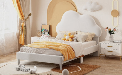 Twin Size Upholstered Cloud-Shape Bed ,Velvet Platform Bed with Headboard,No Box-spring Needed,Beige