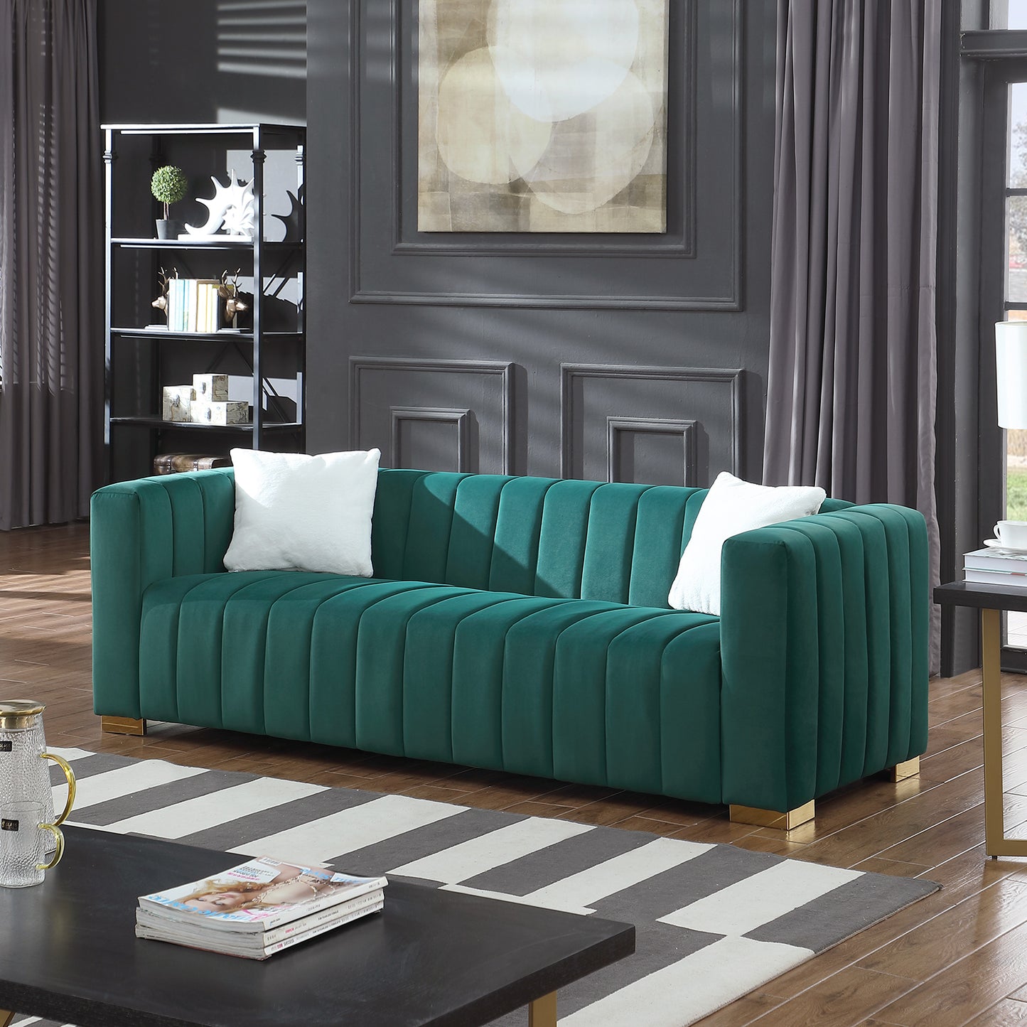 A modern  channel sofa  take on a traditional Chesterfield,Dark Green color,3 Seater